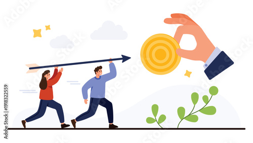 Business people working together aiming for a goal symbolizing achievement, motivation, and winning in career or personal development isolated on white background vector illustration