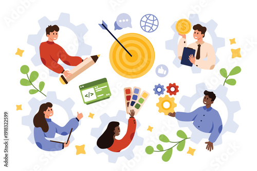 Business team working together to reach target goal with creative ideas, coding, design, finance, and communication skills isolated on white background vector illustration
