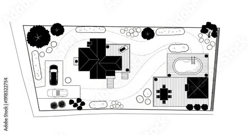 Architectural drawing of a modern house with garden and pool.
