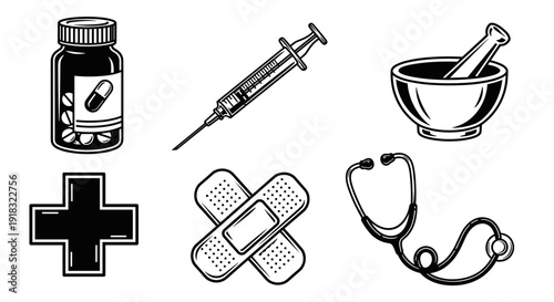Medical Icons Set Vintage Style Illustration.