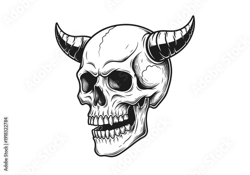 Detailed Illustration of a Demonic Skull with Horns.