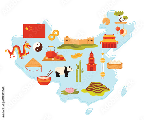 Travel to China, heritage landmarks and animals, Chinese culture elements on infographic country map. Great Wall of China and palace, pagoda and panda, flag and dragon cartoon vector illustration