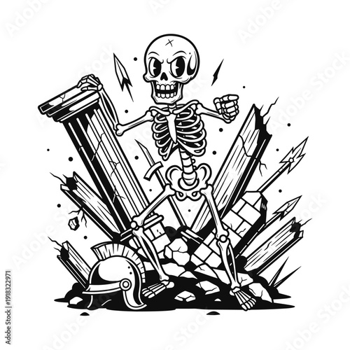 Warrior Skeleton Standing Amidst Ancient Ruins.
