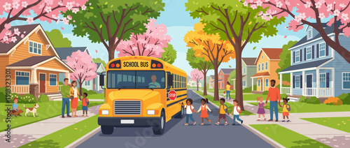 Flat vector illustration of a yellow school bus dropping off children in a suburban neighborhood with blooming cherry blossom trees, houses, and parents waiting on a sunny spring morning.
