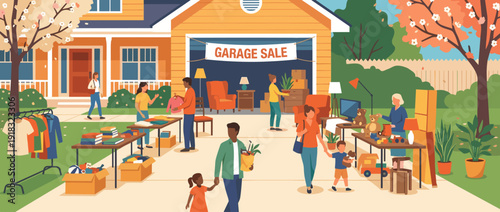 Vibrant flat vector illustration of a community garage sale in a suburban driveway with neighbors browsing tables of second-hand clothes, toys, books, and furniture on a sunny spring day.