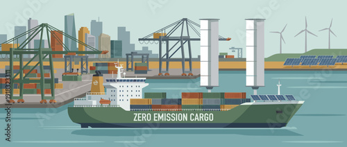Flat vector illustration of a modern zero-emission cargo ship with wind sails and solar panels docked in a sustainable port with cranes, containers, wind turbines, and a city skyline background