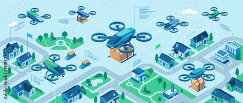 Modern autonomous drone delivery fleet flying over suburban neighborhood landscape, isometric vector illustration of smart city logistics, quadcopters carrying packages to residential houses.
