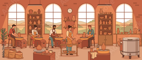 Flat Vector Illustration of a Traditional Pottery Workshop with People Using Pottery Wheels to Create Ceramic Vases, Shelves of Finished Pottery, a Kiln, and Large Windows in an Art Studio.