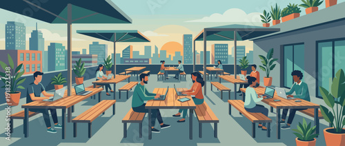 Modern Coworking Rooftop Terrace Illustration with Diverse People Working on Laptops at Wooden Tables under Umbrellas against a Scenic Urban City Skyline and Sunset Background, Flat Design.
