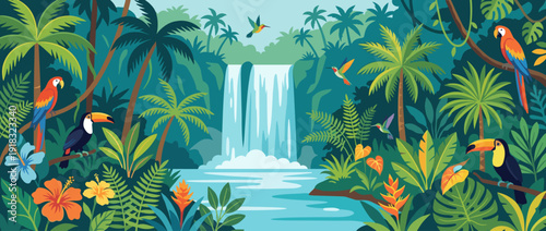 Vibrant flat vector illustration of a tropical waterfall in a lush rainforest with exotic birds like macaws, toucans, and hummingbirds, surrounded by colorful flowers and dense jungle foliage.