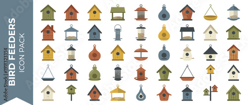 Vector Icon Set of 36 Bird Feeder and Birdhouse Designs in Flat Style with a Muted Editorial Palette. Collection of Various Garden Birdhouses, Nesting Boxes, and Seed Feeders for Wildlife Care.