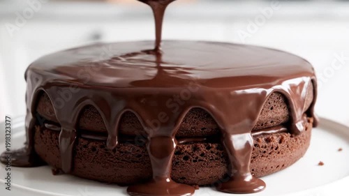 A delicious chocolate cake being drizzled with chocolate sauce
