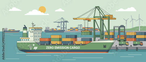 Flat vector illustration of a modern zero-emission cargo ship at a busy port terminal with cranes, shipping containers, electric trucks, wind turbines, and solar panels for sustainable logistics.
