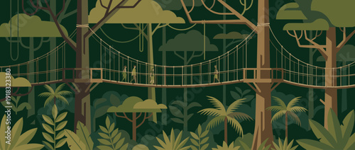 Flat Vector Illustration of a Scenic Treeline Canopy Walkway in a Lush Tropical Rainforest with People Walking Across a Suspension Bridge Amidst Dense Green Foliage and Tall Jungle Trees