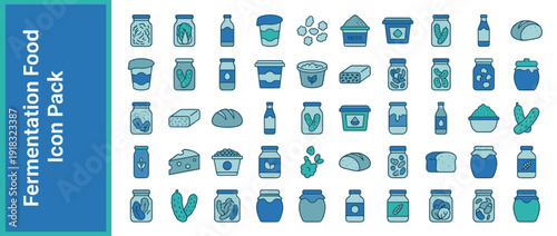 Vector Icon Set of 36 Fermentation and Probiotic Food Items in Flat Design. Healthy Fermented Products like Kimchi, Sauerkraut, Miso, Tempeh, Yogurt, Kefir, Cheese, Pickles, and Sourdough Bread.