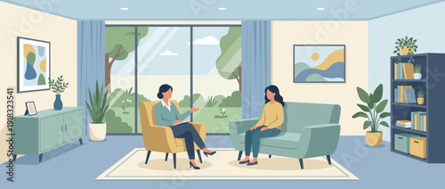 Flat Vector Illustration of a Modern Mental Health Therapy Session in a Comfortable Office with a Female Therapist and Patient Talking in a Calm Professional Environment with Plants and Art