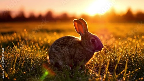 A cute rabbit sitting in a serene field during a peaceful sunset