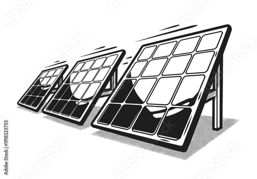 Monochromatic illustration of three solar panels capturing sunlight.