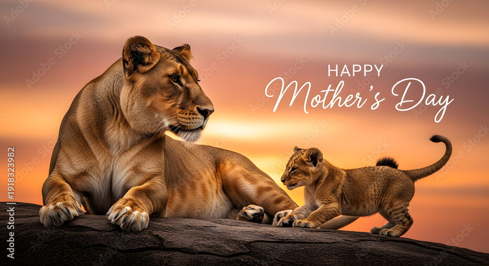 Obraz premium Mother day lioness cub rock savanna sunset africa nature wildlife safari animal predator family wilderness feline