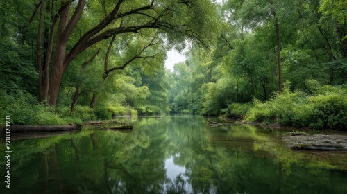 Serene Forest Landscape with Lush Green Trees and Calm Water Reflection in a Peaceful Natural Setting