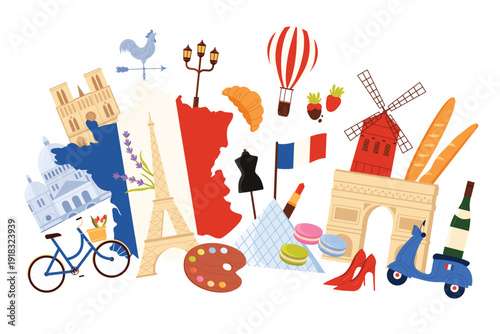 Travel to France, French culture elements and famous food, architecture in infographic collage. Notre Dame de Paris and Louvre Pyramid, Eiffel Tower and bicycle, croissant cartoon vector illustration