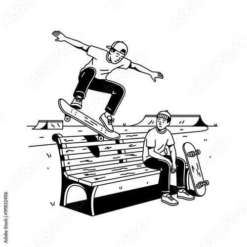 Two young men enjoying skateboarding at the park.