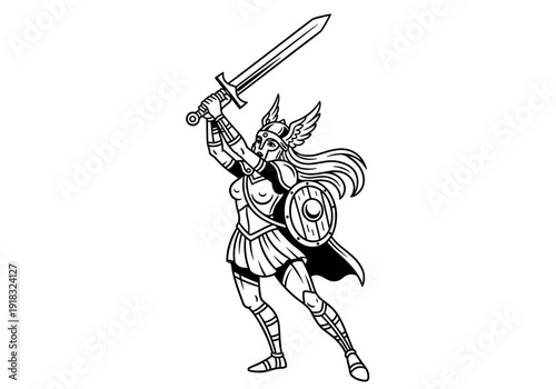 Valiant Valkyrie Warrior with Sword and Shield in Dynamic Pose.