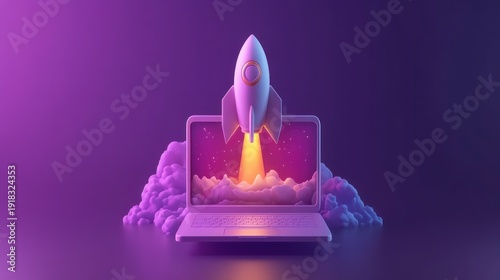 Futuristic laptop with rocket launch, digital space