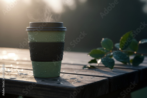 Green reusable coffee cup placed on a wooden table outdoors, showing its shape, texture, and natural setting in a clear and detailed composition.