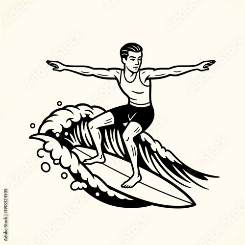 Retro Surfer Riding a Wave with Style.