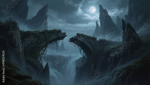 Broken bridge over waterfall in a dark fantasy landscape  