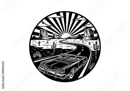 Classic Convertible Car Driving on Desert Road.