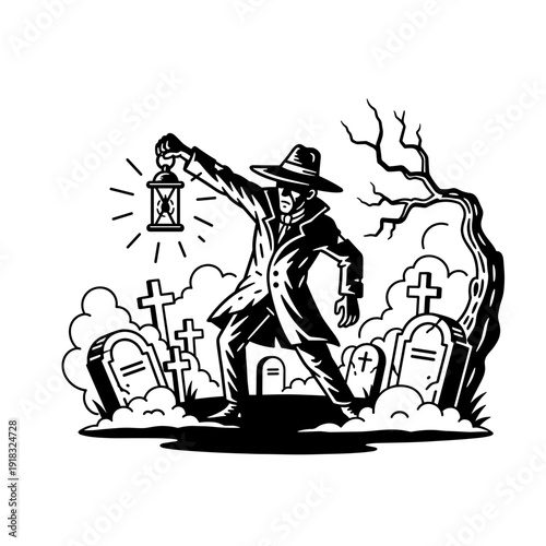 Mysterious Man with Lantern in Graveyard.