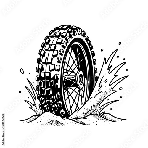 Monochrome illustration of a dirt bike tire spinning in mud.