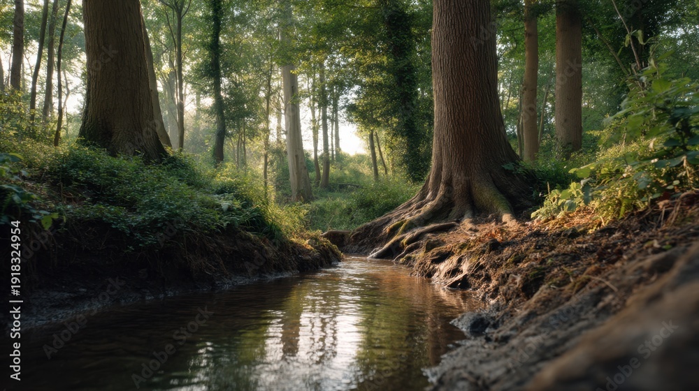 Fototapeta premium Serene Forest Stream Flowing Through Lush Greenery Surrounded by Majestic Trees and Soft Morning Light Creating a Tranquil Nature Scene