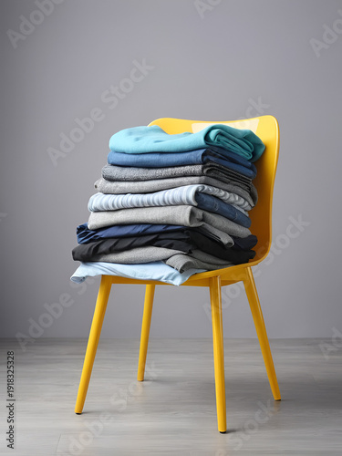 Heap of  clothes on color chair,  on gray background