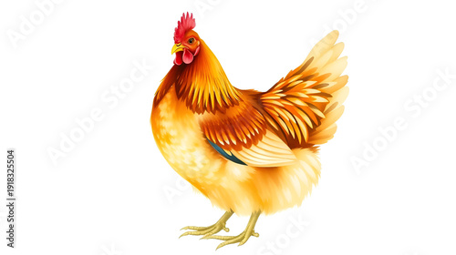 A detailed watercolor illustration of a golden-laced Wyandotte chicken standing proudly against a white background.