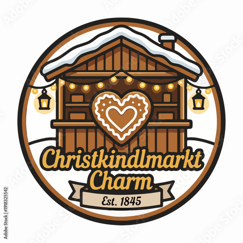 Charming Christkindlmarkt logo depicting wooden chalet, gingerbread heart, and snowy lights, expressing holiday warmth, tradition, craftsmanship, and joy of winter festivities