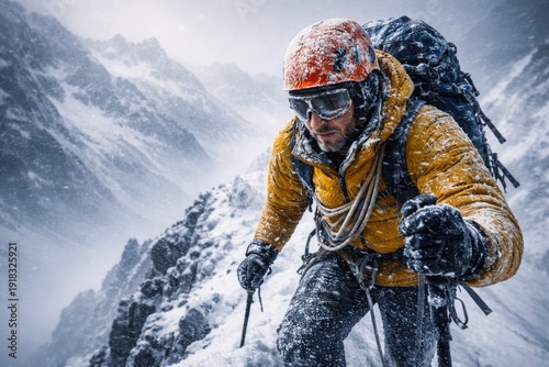 Wallpaper Mural Professional mountaineer climbing snowy mountain ridge during harsh winter storm Torontodigital.ca