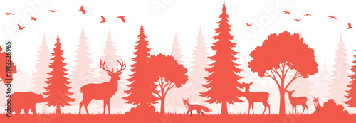 Red silhouette of forest animals and trees on white background with birds flying overhead in forest scene