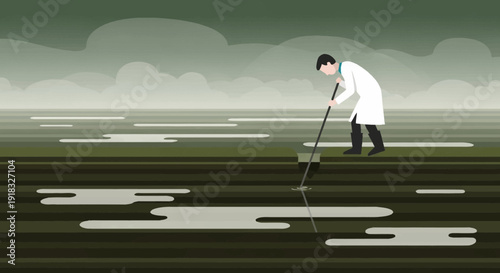 Illustration of a man wading with a pole through shallow muddy water in a quiet outdoor scene.