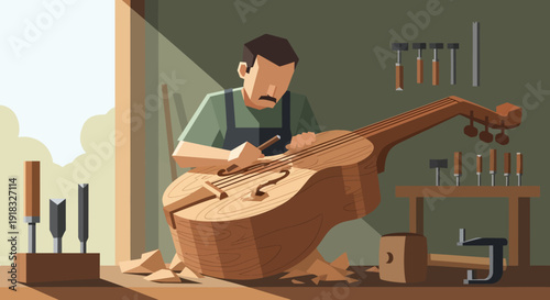 Craftsman at work shaping a wooden guitar in a custom workshop with chisels and planes.