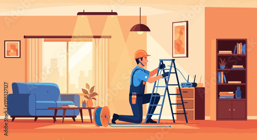 Indoor painter at work in a cozy living room with easel, painting as a dog relaxes nearby.