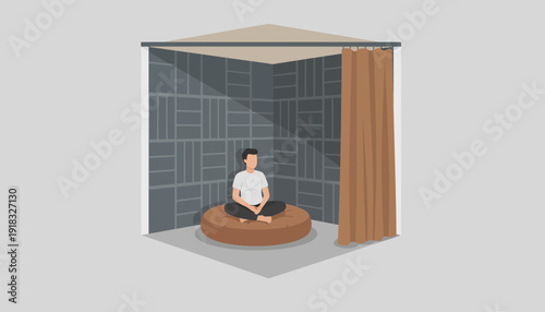 A calm man seated on a beanbag in a cozy indoor lounge with textured wall and orange curtain backdrop.