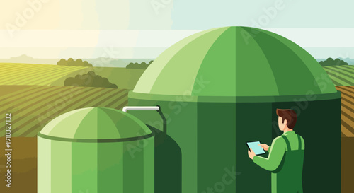 Farmer monitors sustainable biogas storage domes on modern farm under clear sky.