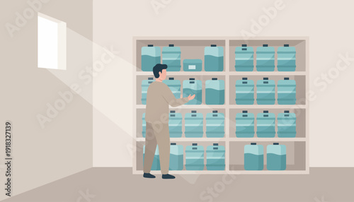 Warehouse worker inspecting organized crates in a storage facility.