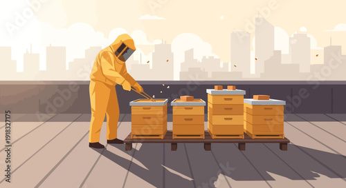 Worker in orange protective suit arranging delivery carts on a rooftop against city skyline.
