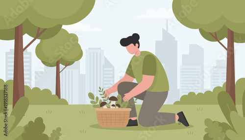 Illustration of a man gardening in a park with a city skyline in the background and a basket nearby.