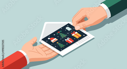 Two hands around a tablet displaying a digital game interface during a casual business interaction.