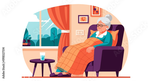 Elderly Person Relaxing in a Cozy Living Room Scene.